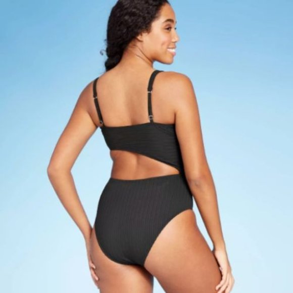 Women's Ribbed Cut Out One Piece Swimsuit - Shade & Shore, Black Medium - Picture 3 of 8